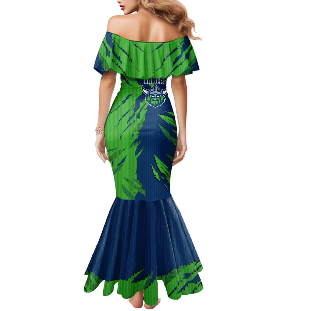 Personalized Canberra Raiders Family Matching Mermaid Dress and Hawaiian Shirt Dynamic Lightning Mascot Rugby Australia