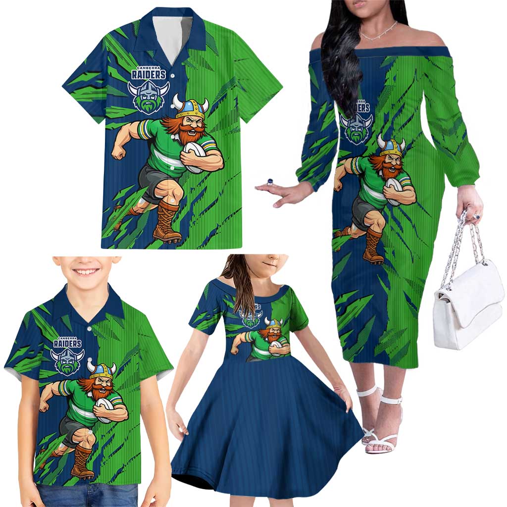 Personalized Canberra Raiders Family Matching Off The Shoulder Long Sleeve Dress and Hawaiian Shirt Dynamic Lightning Mascot Rugby Australia