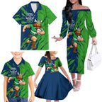 Personalized Canberra Raiders Family Matching Off The Shoulder Long Sleeve Dress and Hawaiian Shirt Dynamic Lightning Mascot Rugby Australia
