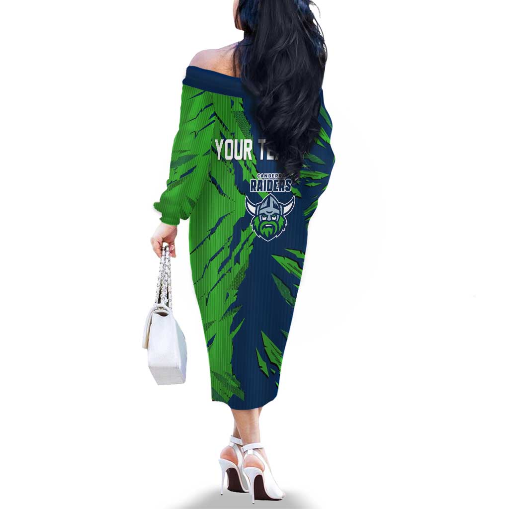 Personalized Canberra Raiders Family Matching Off The Shoulder Long Sleeve Dress and Hawaiian Shirt Dynamic Lightning Mascot Rugby Australia