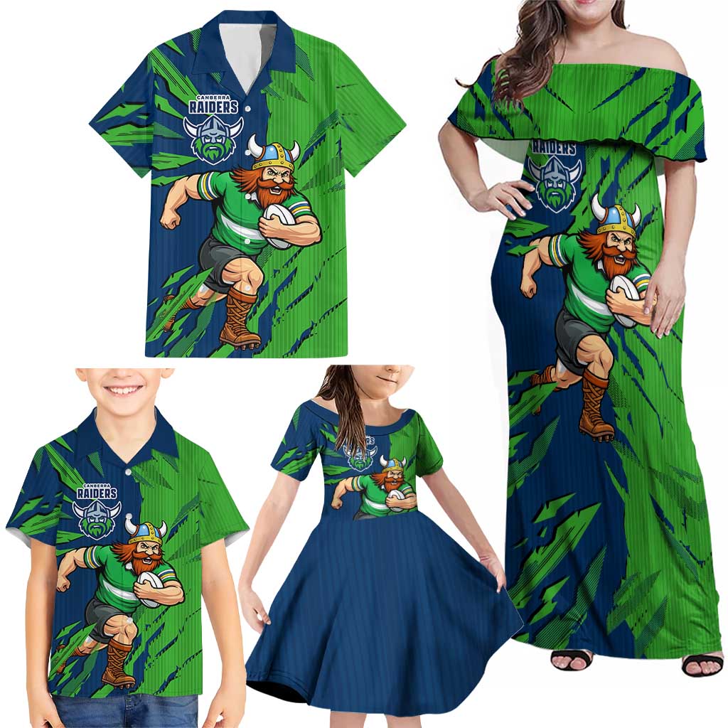 Personalized Canberra Raiders Family Matching Off Shoulder Maxi Dress and Hawaiian Shirt Dynamic Lightning Mascot Rugby Australia