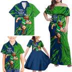 Personalized Canberra Raiders Family Matching Off Shoulder Maxi Dress and Hawaiian Shirt Dynamic Lightning Mascot Rugby Australia