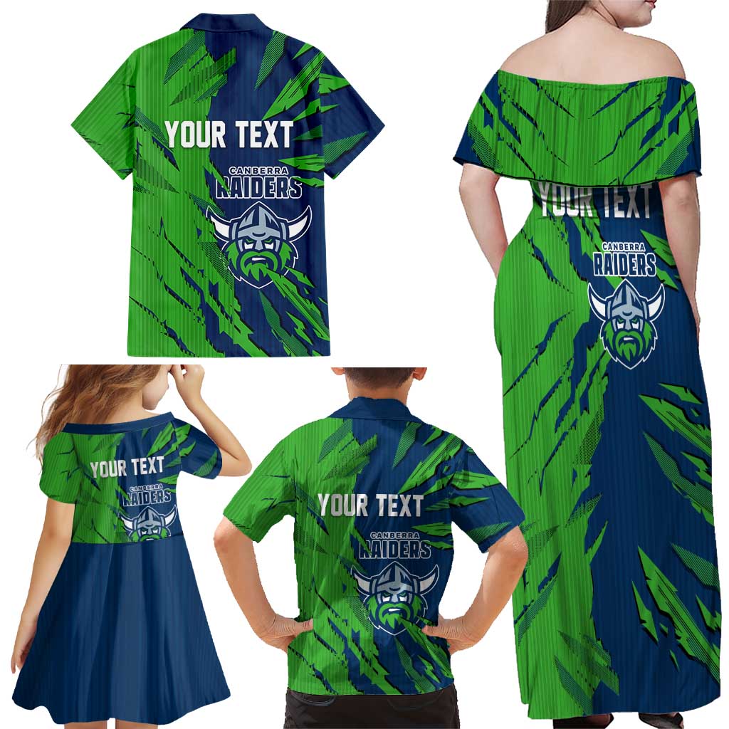 Personalized Canberra Raiders Family Matching Off Shoulder Maxi Dress and Hawaiian Shirt Dynamic Lightning Mascot Rugby Australia