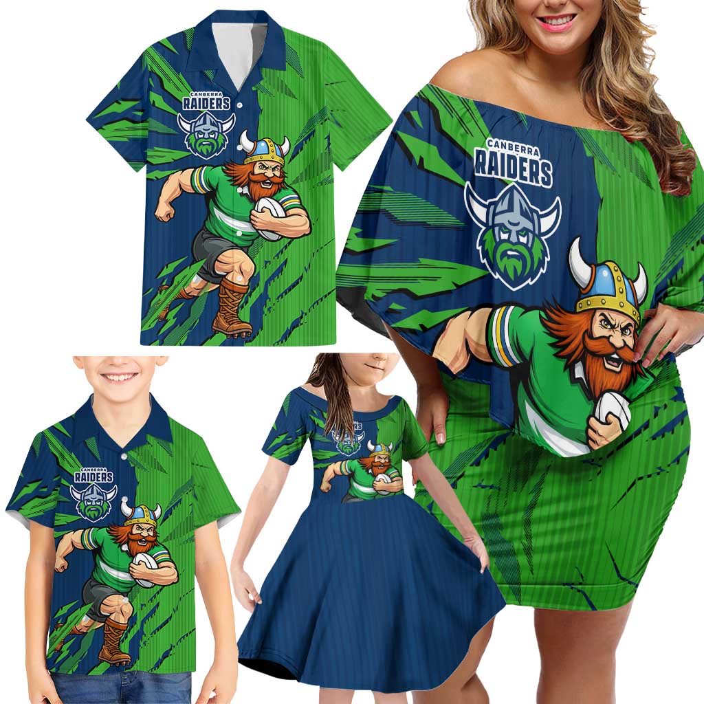 Personalized Canberra Raiders Family Matching Off Shoulder Short Dress and Hawaiian Shirt Dynamic Lightning Mascot Rugby Australia