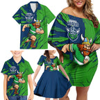 Personalized Canberra Raiders Family Matching Off Shoulder Short Dress and Hawaiian Shirt Dynamic Lightning Mascot Rugby Australia