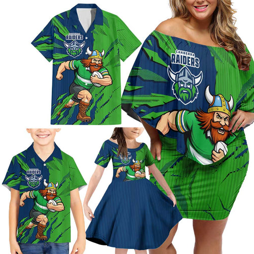 Personalized Canberra Raiders Family Matching Off Shoulder Short Dress and Hawaiian Shirt Dynamic Lightning Mascot Rugby Australia