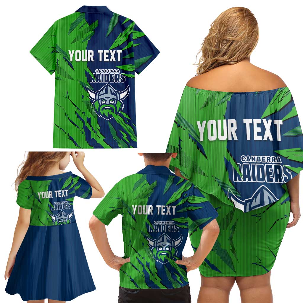 Personalized Canberra Raiders Family Matching Off Shoulder Short Dress and Hawaiian Shirt Dynamic Lightning Mascot Rugby Australia