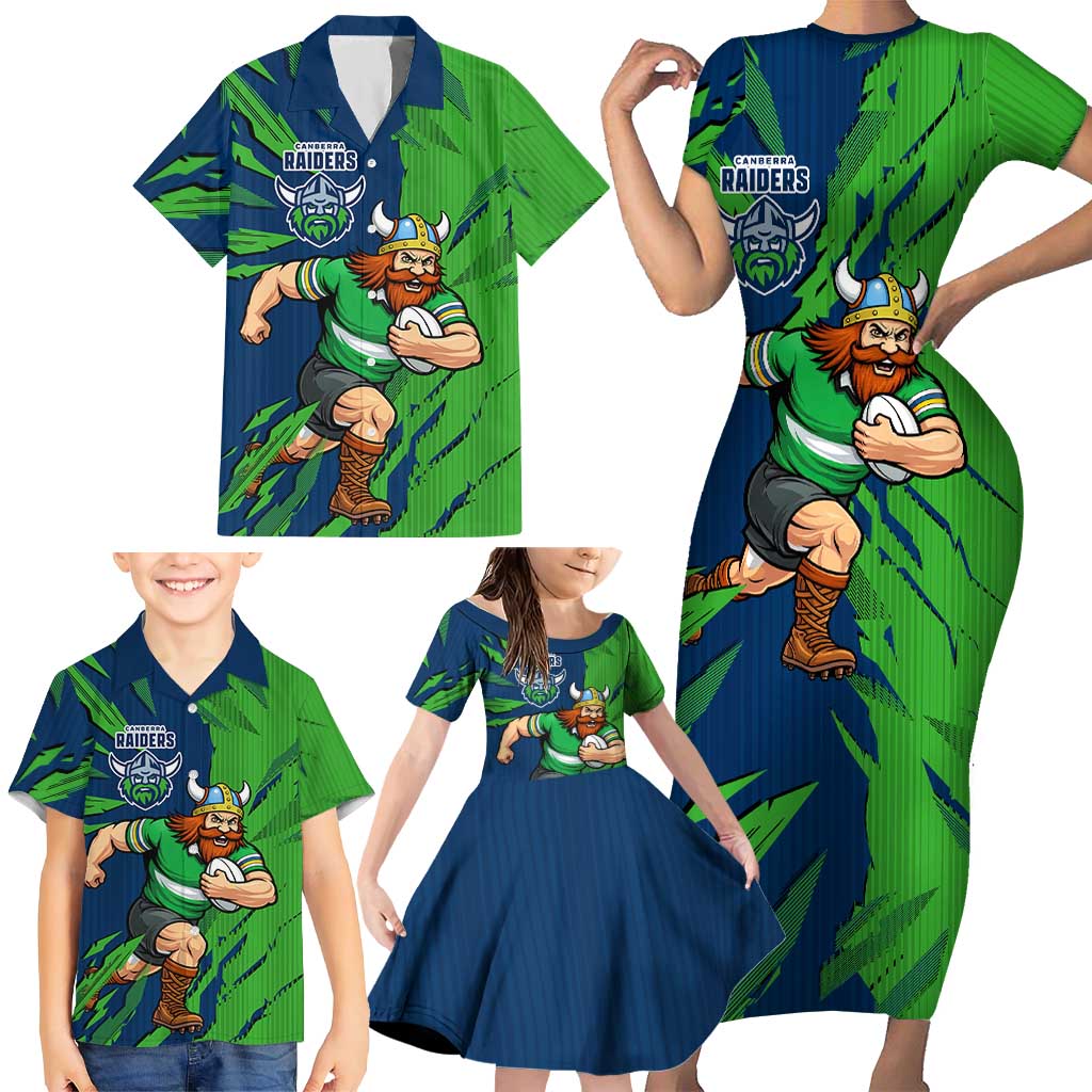 Personalized Canberra Raiders Family Matching Short Sleeve Bodycon Dress and Hawaiian Shirt Dynamic Lightning Mascot Rugby Australia