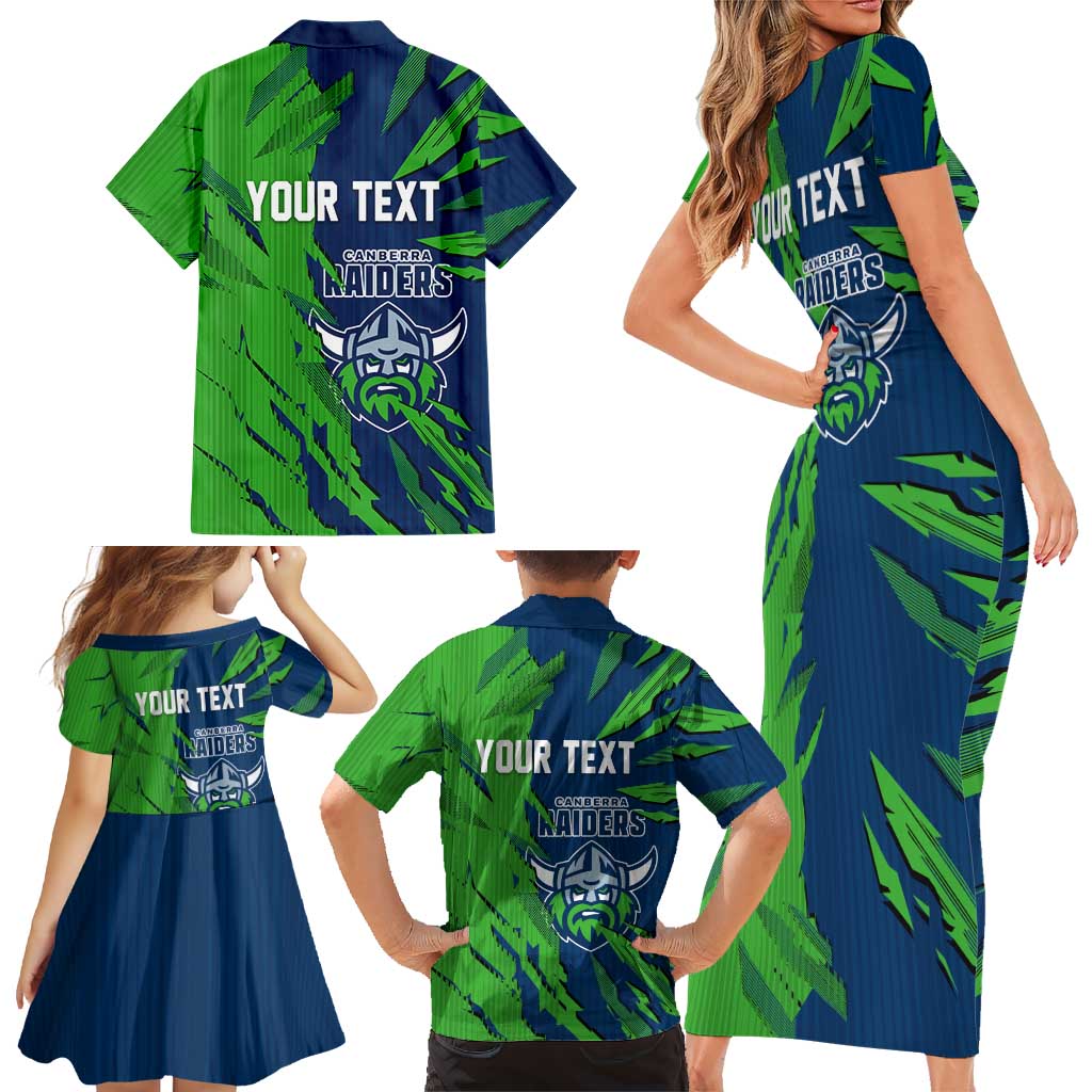 Personalized Canberra Raiders Family Matching Short Sleeve Bodycon Dress and Hawaiian Shirt Dynamic Lightning Mascot Rugby Australia