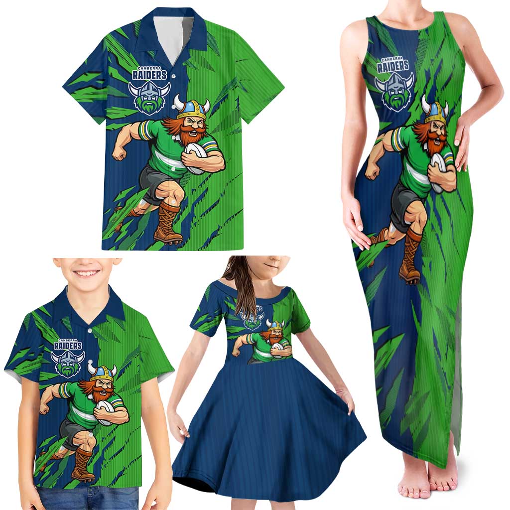 Personalized Canberra Raiders Family Matching Tank Maxi Dress and Hawaiian Shirt Dynamic Lightning Mascot Rugby Australia