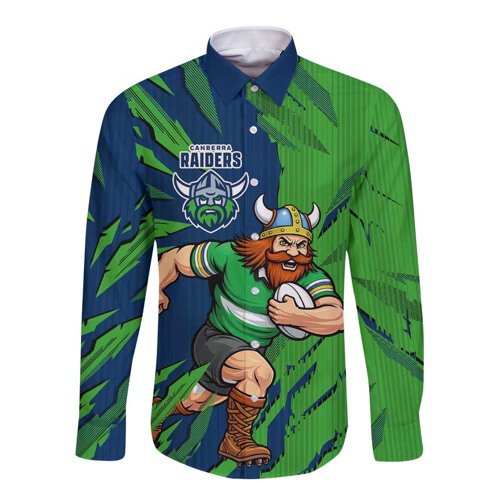 Personalized Canberra Raiders Long Sleeve Button Shirt Dynamic Lightning Mascot Rugby Australia