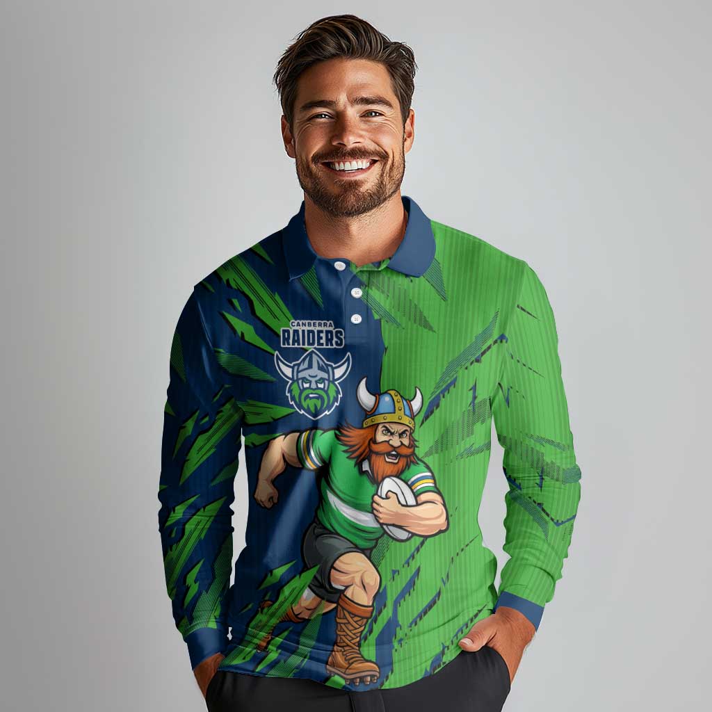 Personalized Canberra Raiders Long Sleeve Polo Shirt Dynamic Lightning Mascot Rugby Australia