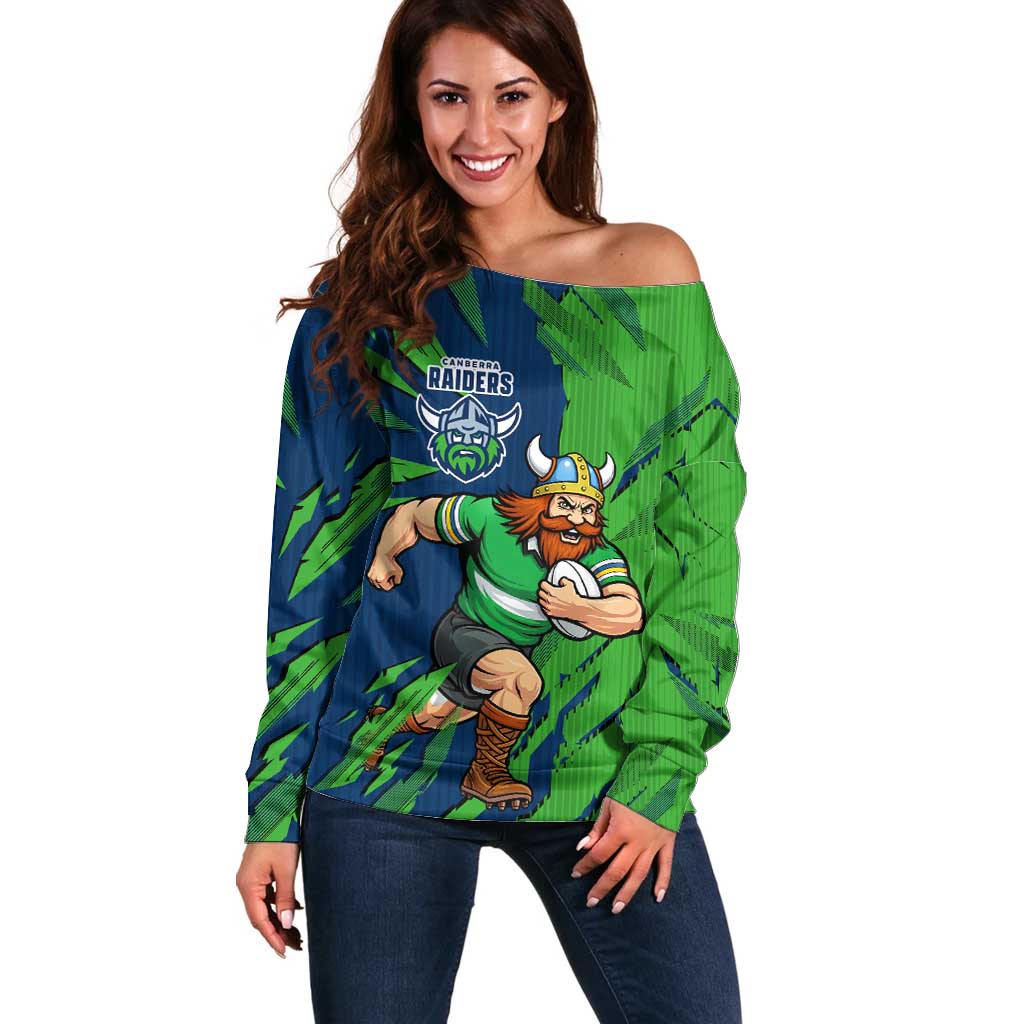 Personalized Canberra Raiders Off Shoulder Sweater Dynamic Lightning Mascot Rugby Australia