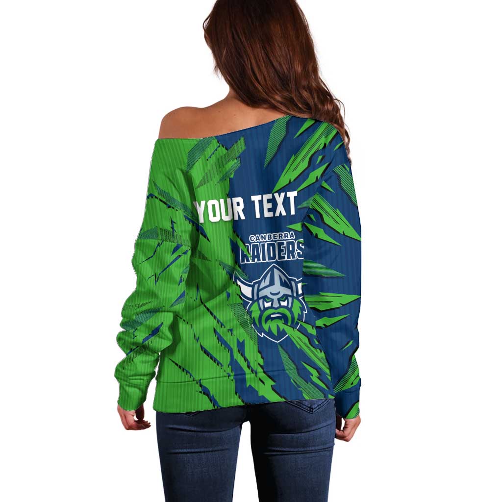 Personalized Canberra Raiders Off Shoulder Sweater Dynamic Lightning Mascot Rugby Australia