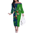 Personalized Canberra Raiders Off The Shoulder Long Sleeve Dress Dynamic Lightning Mascot Rugby Australia