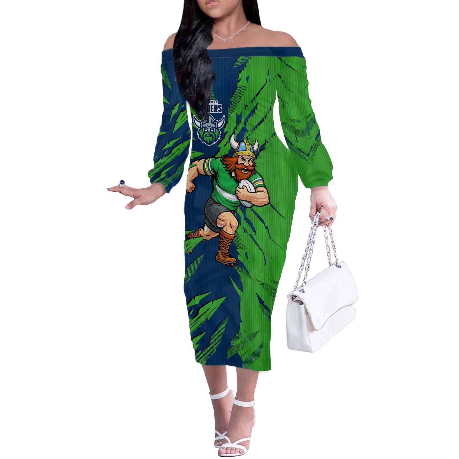 Personalized Canberra Raiders Off The Shoulder Long Sleeve Dress Dynamic Lightning Mascot Rugby Australia