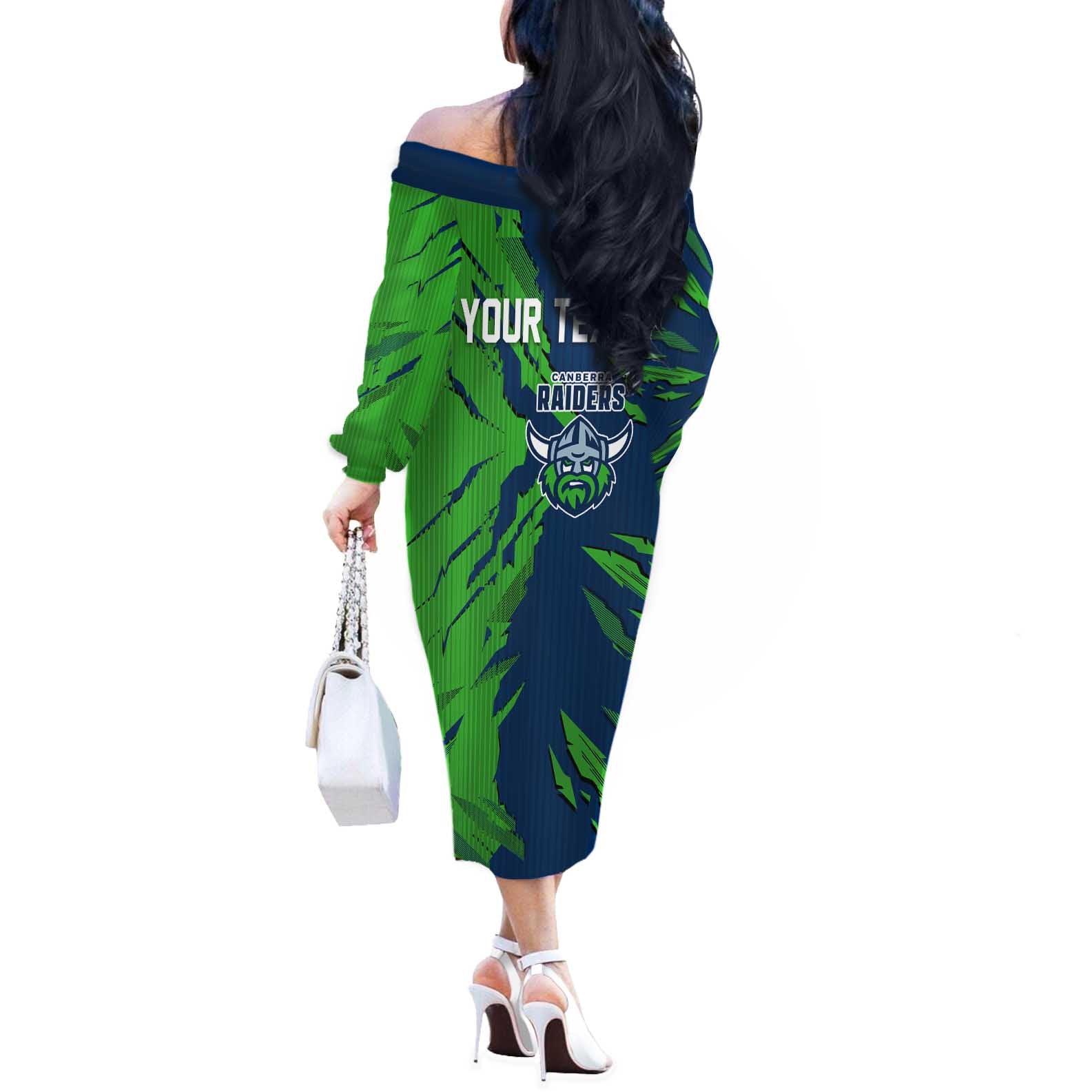 Personalized Canberra Raiders Off The Shoulder Long Sleeve Dress Dynamic Lightning Mascot Rugby Australia