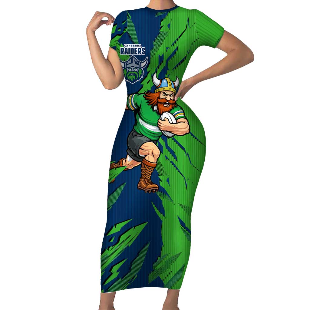 Personalized Canberra Raiders Short Sleeve Bodycon Dress Dynamic Lightning Mascot Rugby Australia