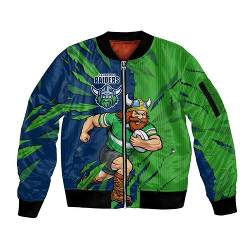 Personalized Canberra Raiders Sleeve Zip Bomber Jacket Dynamic Lightning Mascot Rugby Australia