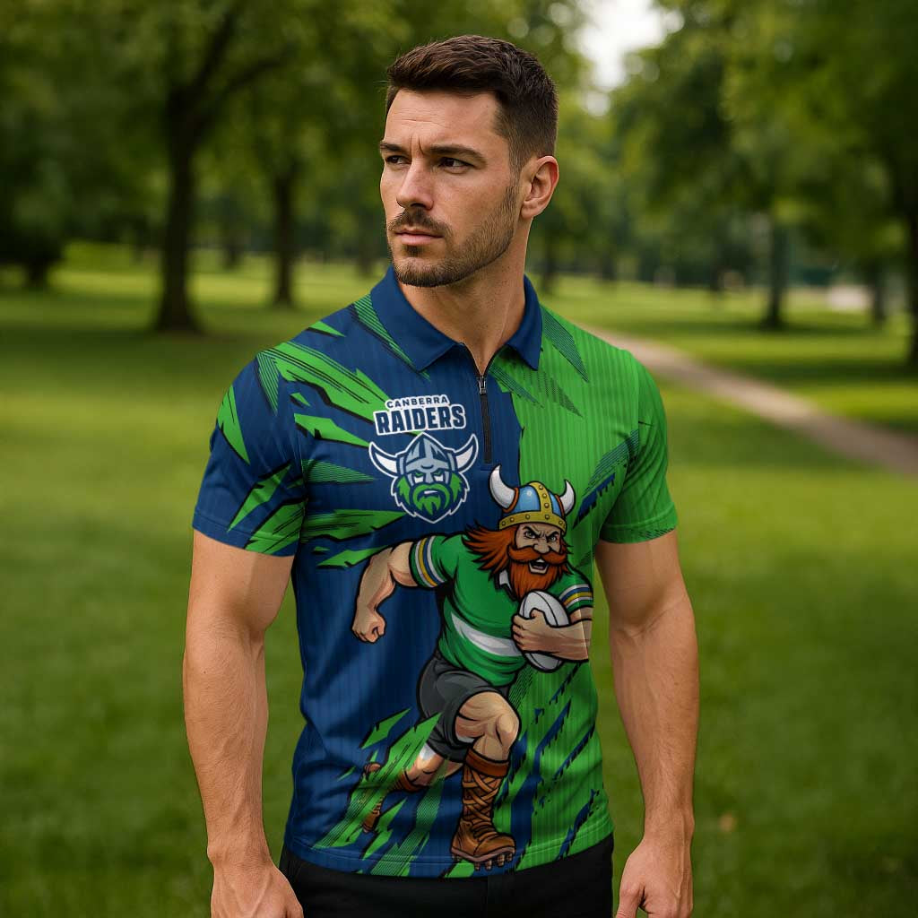 Personalized Canberra Raiders Zipper Polo Shirt Dynamic Lightning Mascot Rugby Australia
