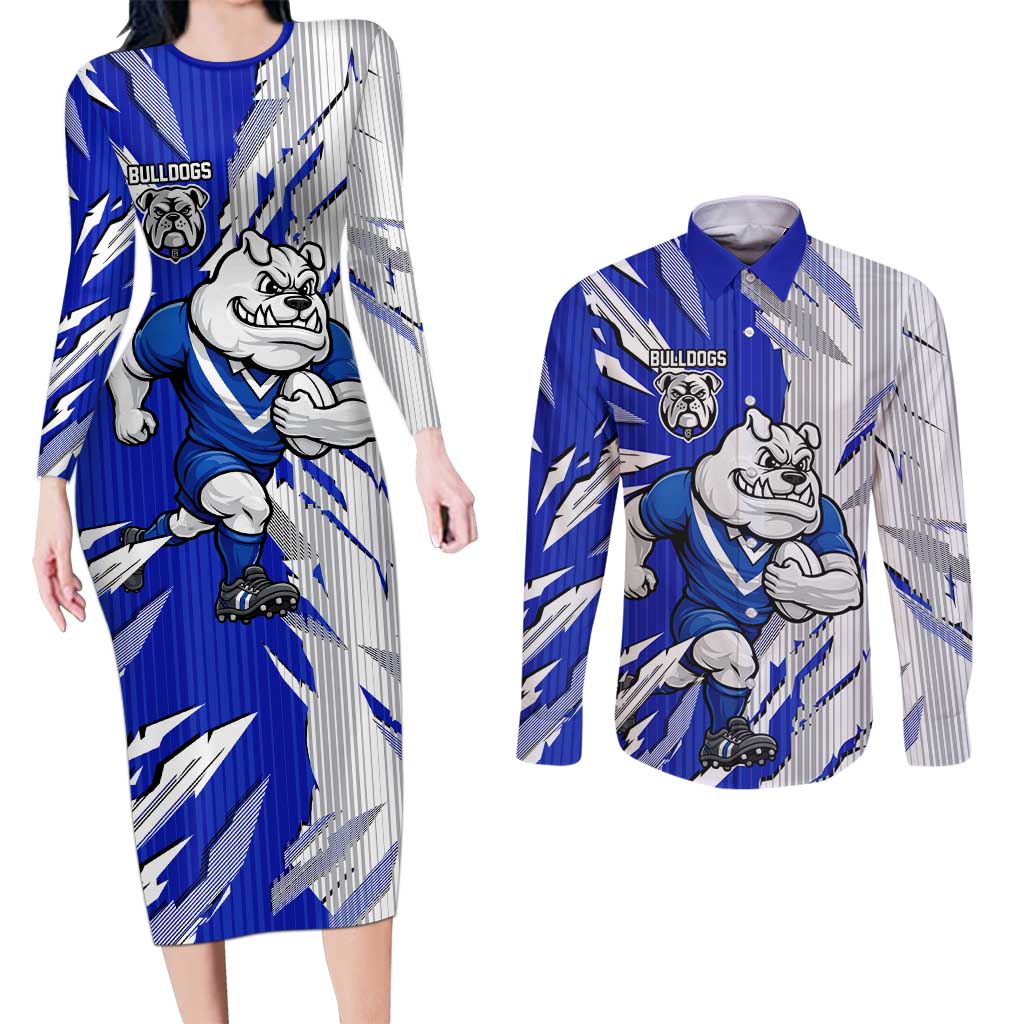 Personalized Canterbury Bulldogs Couples Matching Long Sleeve Bodycon Dress and Long Sleeve Button Shirt Dynamic Lightning Mascot Rugby Australia