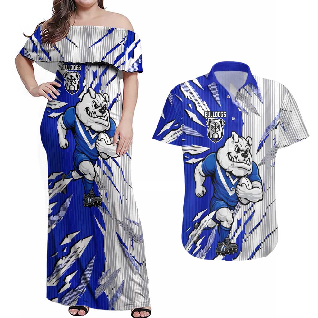 Personalized Canterbury Bulldogs Couples Matching Off Shoulder Maxi Dress and Hawaiian Shirt Dynamic Lightning Mascot Rugby Australia