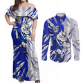 Personalized Canterbury Bulldogs Couples Matching Off Shoulder Maxi Dress and Long Sleeve Button Shirt Dynamic Lightning Mascot Rugby Australia