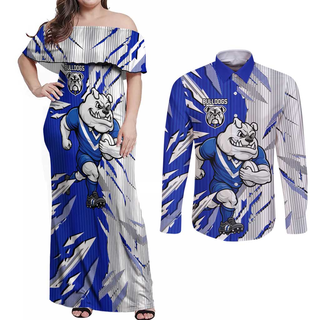 Personalized Canterbury Bulldogs Couples Matching Off Shoulder Maxi Dress and Long Sleeve Button Shirt Dynamic Lightning Mascot Rugby Australia