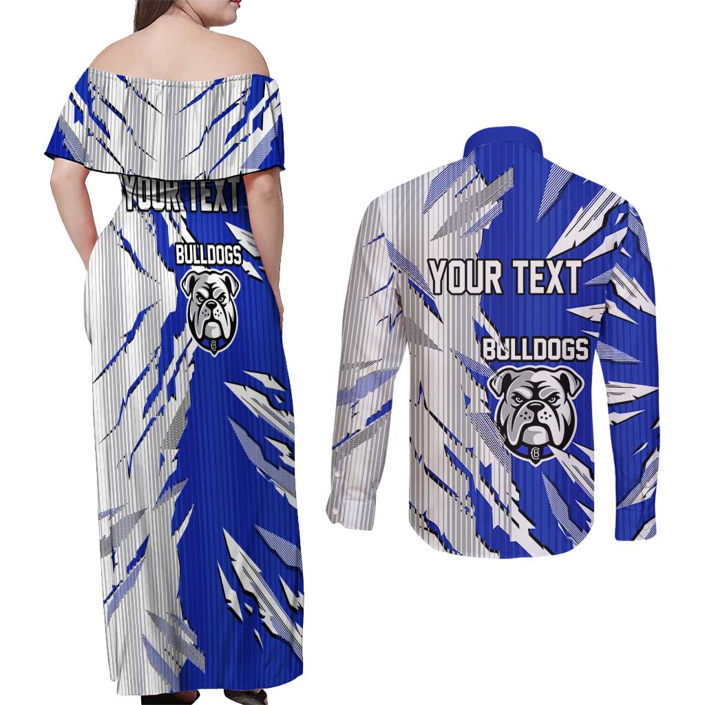 Personalized Canterbury Bulldogs Couples Matching Off Shoulder Maxi Dress and Long Sleeve Button Shirt Dynamic Lightning Mascot Rugby Australia