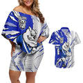 Personalized Canterbury Bulldogs Couples Matching Off Shoulder Short Dress and Hawaiian Shirt Dynamic Lightning Mascot Rugby Australia