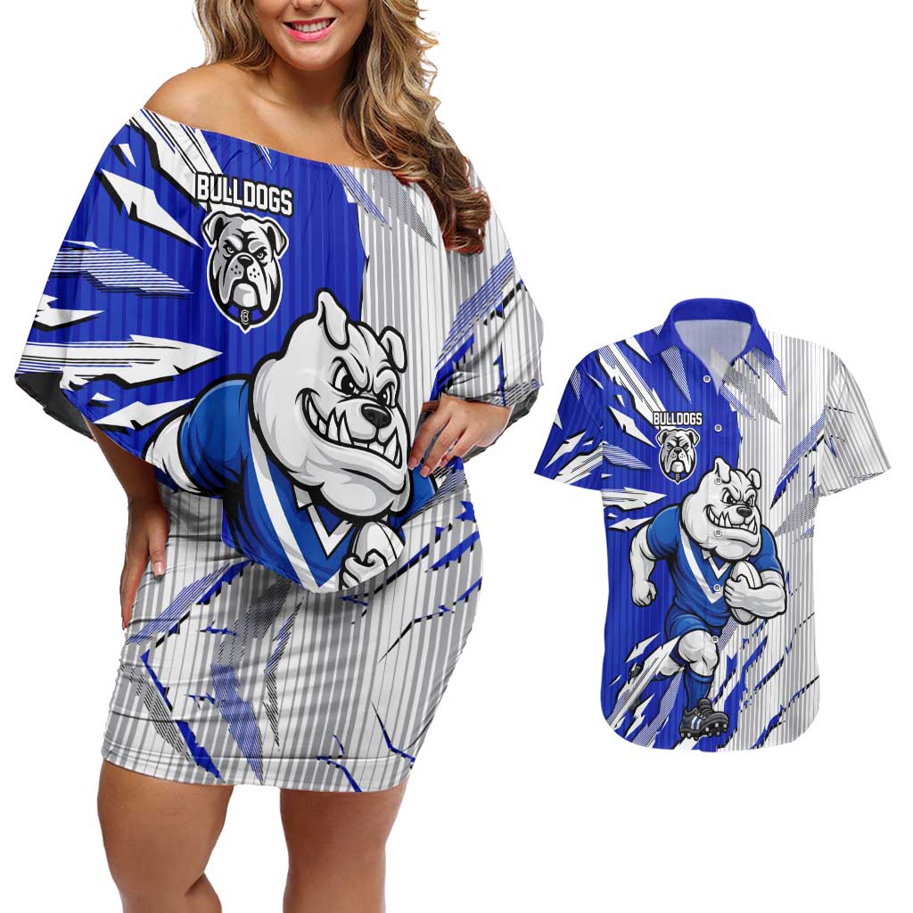 Personalized Canterbury Bulldogs Couples Matching Off Shoulder Short Dress and Hawaiian Shirt Dynamic Lightning Mascot Rugby Australia