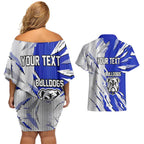 Personalized Canterbury Bulldogs Couples Matching Off Shoulder Short Dress and Hawaiian Shirt Dynamic Lightning Mascot Rugby Australia