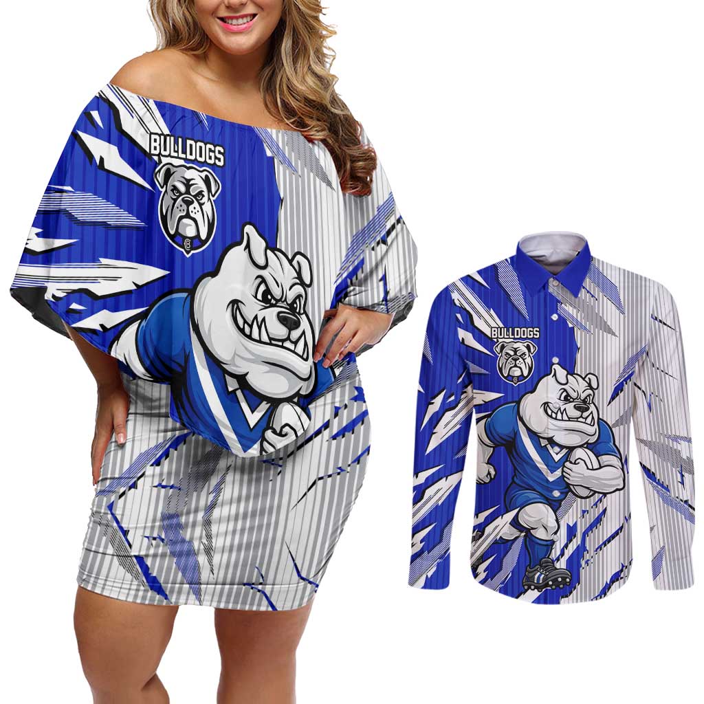Personalized Canterbury Bulldogs Couples Matching Off Shoulder Short Dress and Long Sleeve Button Shirt Dynamic Lightning Mascot Rugby Australia