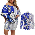 Personalized Canterbury Bulldogs Couples Matching Off Shoulder Short Dress and Long Sleeve Button Shirt Dynamic Lightning Mascot Rugby Australia