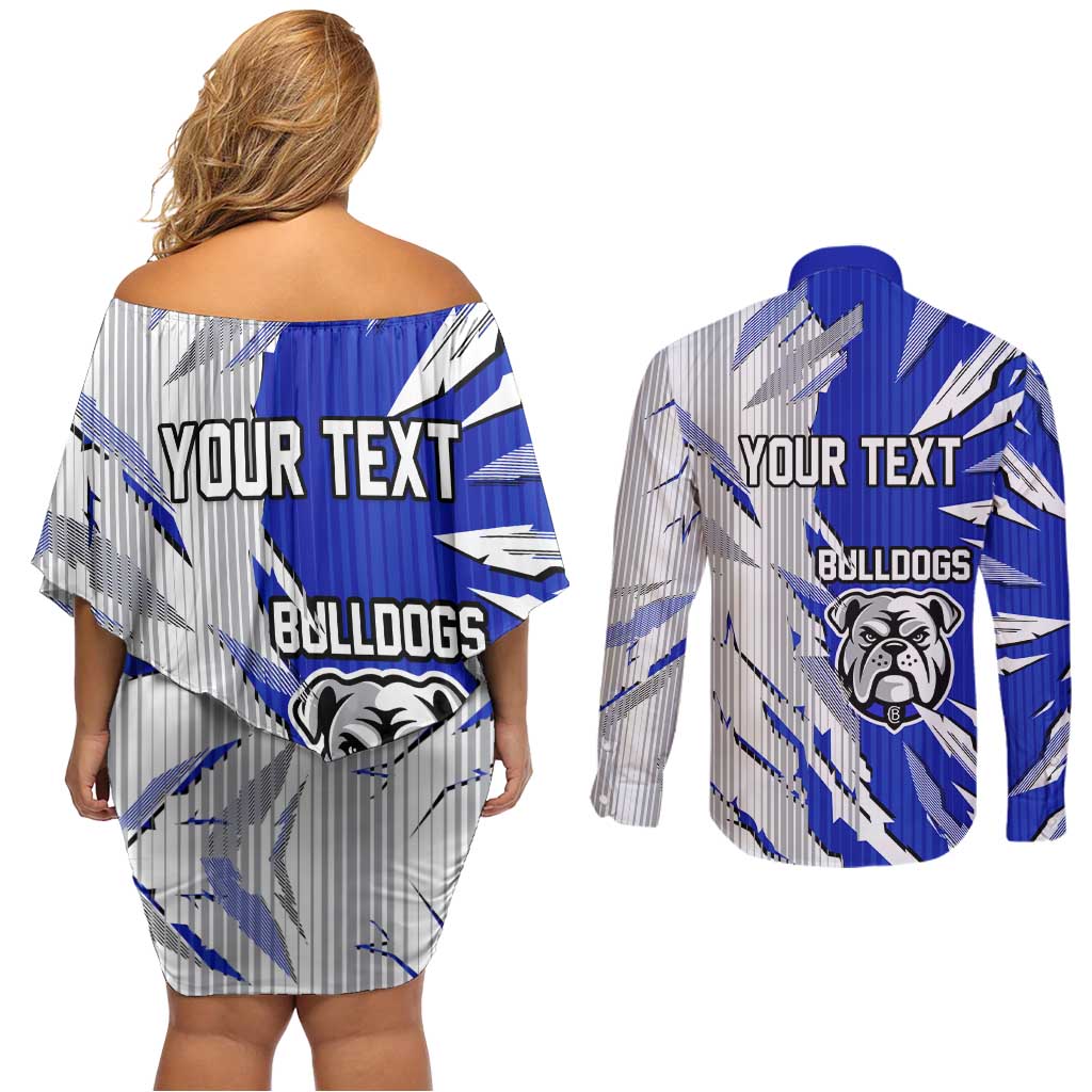 Personalized Canterbury Bulldogs Couples Matching Off Shoulder Short Dress and Long Sleeve Button Shirt Dynamic Lightning Mascot Rugby Australia