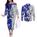 Personalized Canterbury Bulldogs Couples Matching Off The Shoulder Long Sleeve Dress and Long Sleeve Button Shirt Dynamic Lightning Mascot Rugby Australia
