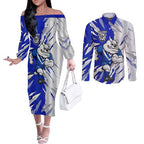 Personalized Canterbury Bulldogs Couples Matching Off The Shoulder Long Sleeve Dress and Long Sleeve Button Shirt Dynamic Lightning Mascot Rugby Australia