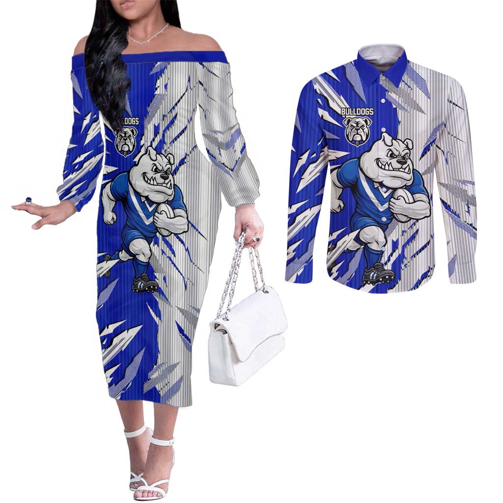 Personalized Canterbury Bulldogs Couples Matching Off The Shoulder Long Sleeve Dress and Long Sleeve Button Shirt Dynamic Lightning Mascot Rugby Australia
