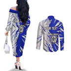 Personalized Canterbury Bulldogs Couples Matching Off The Shoulder Long Sleeve Dress and Long Sleeve Button Shirt Dynamic Lightning Mascot Rugby Australia