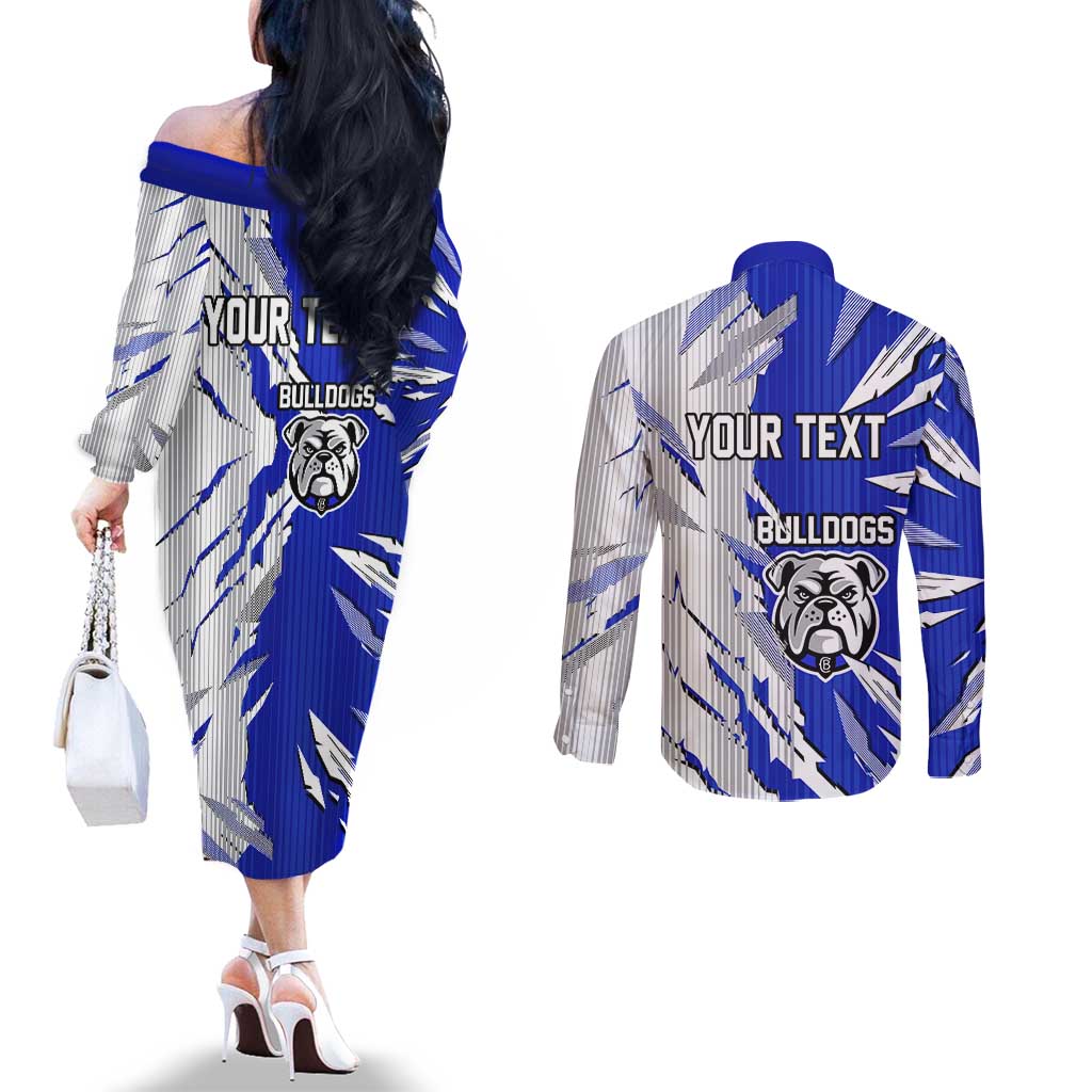 Personalized Canterbury Bulldogs Couples Matching Off The Shoulder Long Sleeve Dress and Long Sleeve Button Shirt Dynamic Lightning Mascot Rugby Australia