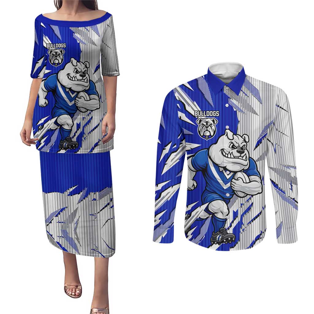 Personalized Canterbury Bulldogs Couples Matching Puletasi and Long Sleeve Button Shirt Dynamic Lightning Mascot Rugby Australia