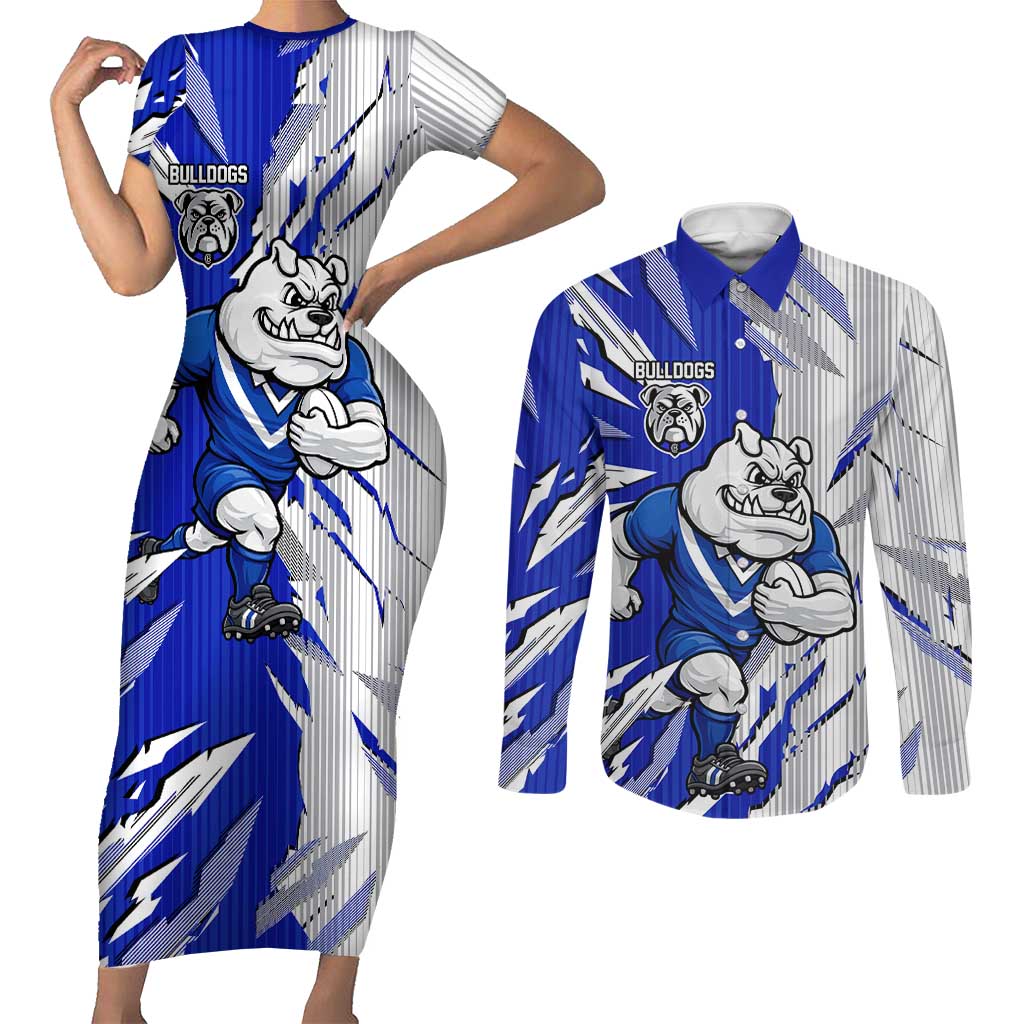Personalized Canterbury Bulldogs Couples Matching Short Sleeve Bodycon Dress and Long Sleeve Button Shirt Dynamic Lightning Mascot Rugby Australia