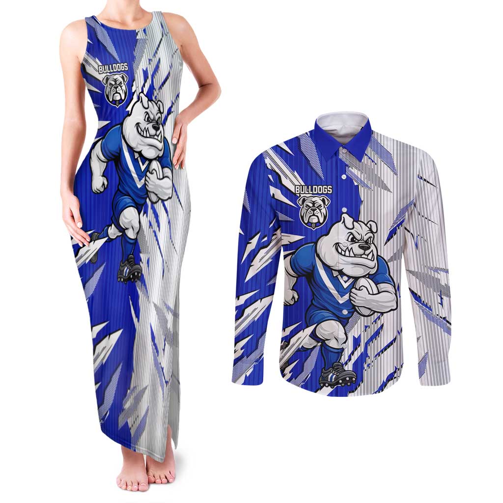 Personalized Canterbury Bulldogs Couples Matching Tank Maxi Dress and Long Sleeve Button Shirt Dynamic Lightning Mascot Rugby Australia