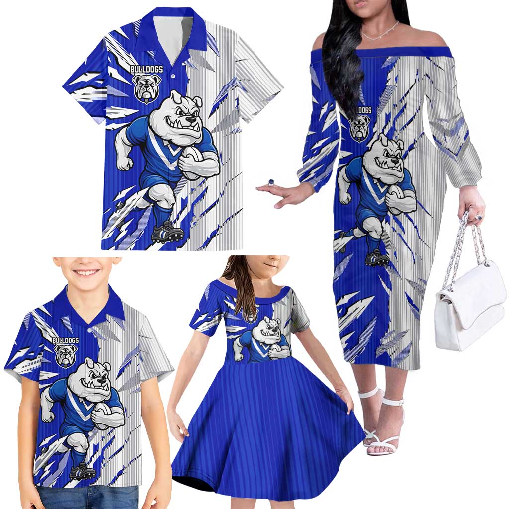 Personalized Canterbury Bulldogs Family Matching Off The Shoulder Long Sleeve Dress and Hawaiian Shirt Dynamic Lightning Mascot Rugby Australia