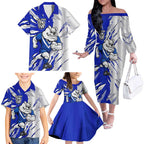 Personalized Canterbury Bulldogs Family Matching Off The Shoulder Long Sleeve Dress and Hawaiian Shirt Dynamic Lightning Mascot Rugby Australia