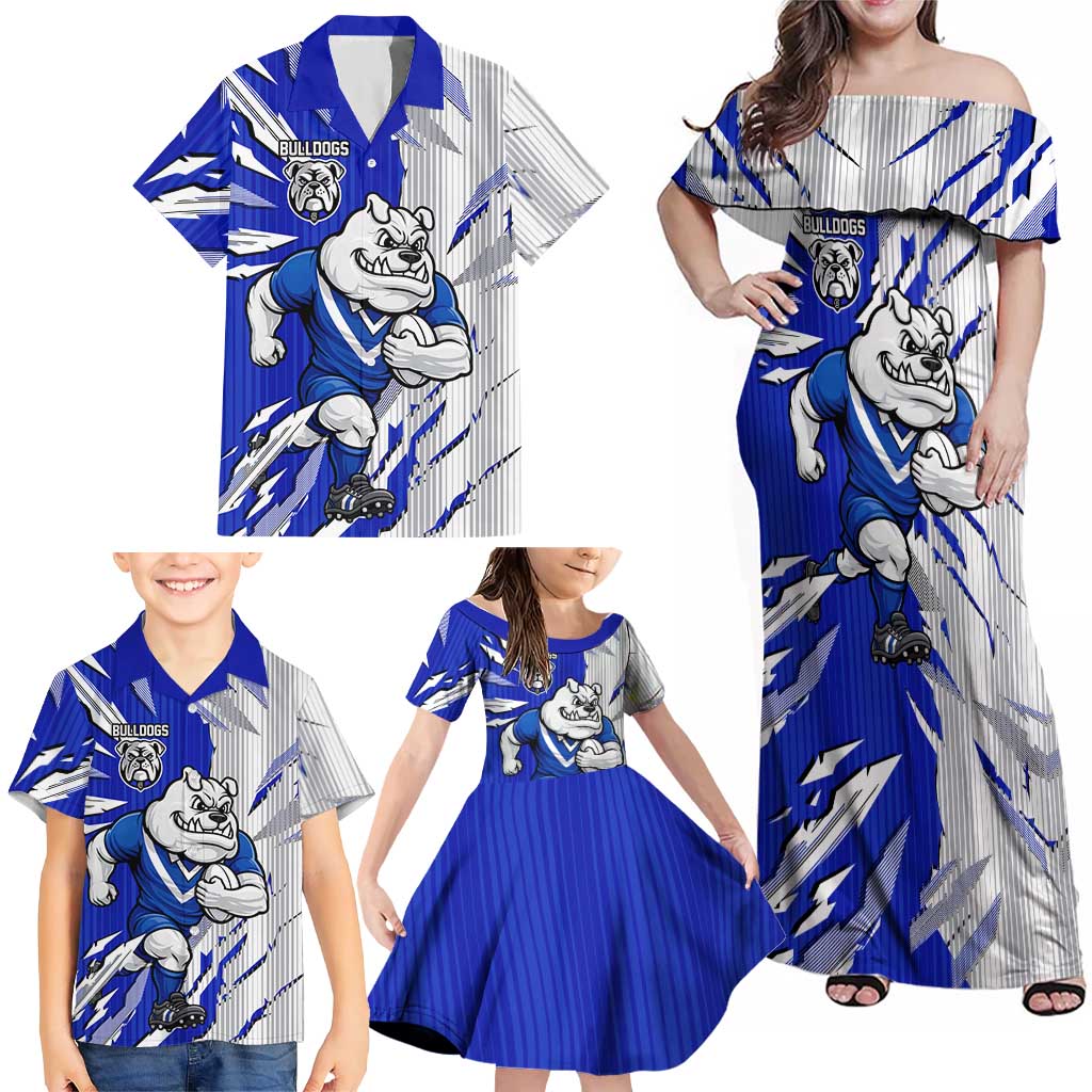 Personalized Canterbury Bulldogs Family Matching Off Shoulder Maxi Dress and Hawaiian Shirt Dynamic Lightning Mascot Rugby Australia