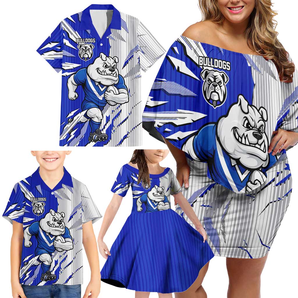 Personalized Canterbury Bulldogs Family Matching Off Shoulder Short Dress and Hawaiian Shirt Dynamic Lightning Mascot Rugby Australia