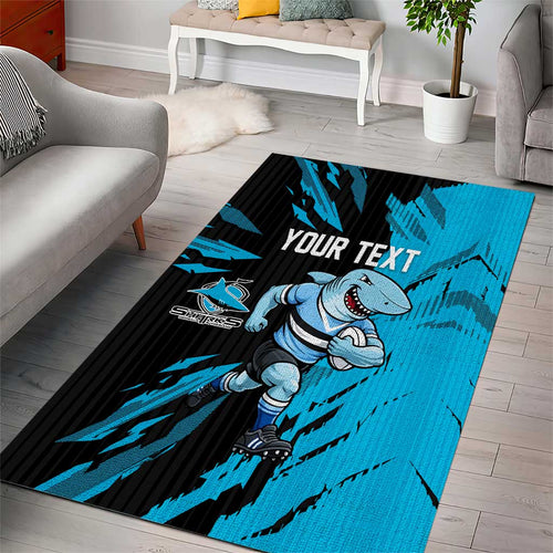 Personalized Cronulla Sharks Area Rug Dynamic Lightning Mascot Rugby Australia