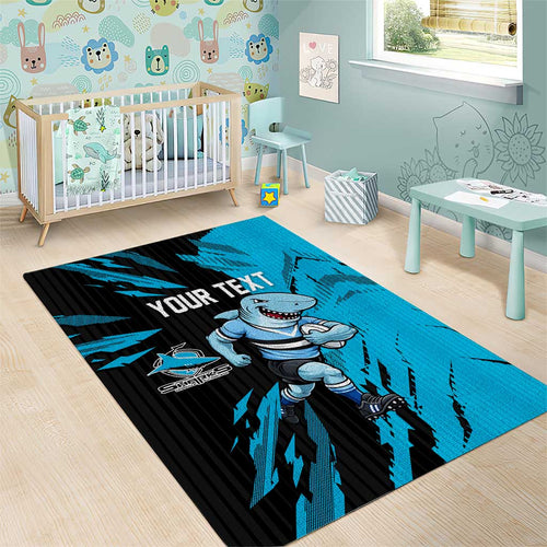 Personalized Cronulla Sharks Area Rug Dynamic Lightning Mascot Rugby Australia