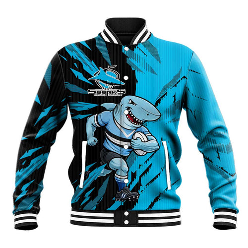 Personalized Cronulla Sharks Baseball Jacket Dynamic Lightning Mascot Rugby Australia